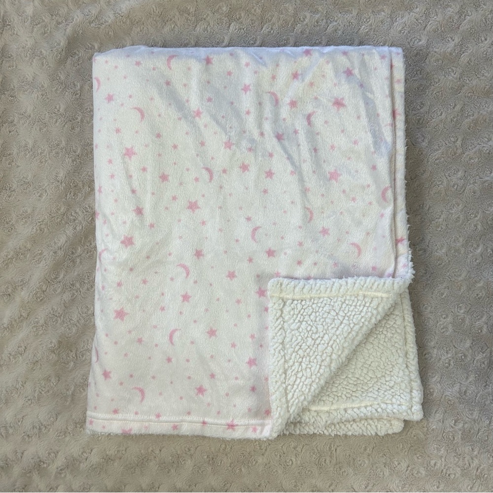 Modern Baby Pink White Moon & Stars Baby Blanket Sherpa Security Lovey